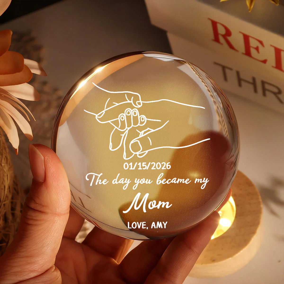 The Day You Became My Mom Mummy Holding Hand First Mother's Day - Personalized Crystal Ball LED Night Light - First Mother's Day Gift For New Mum, New Mom - Image 2