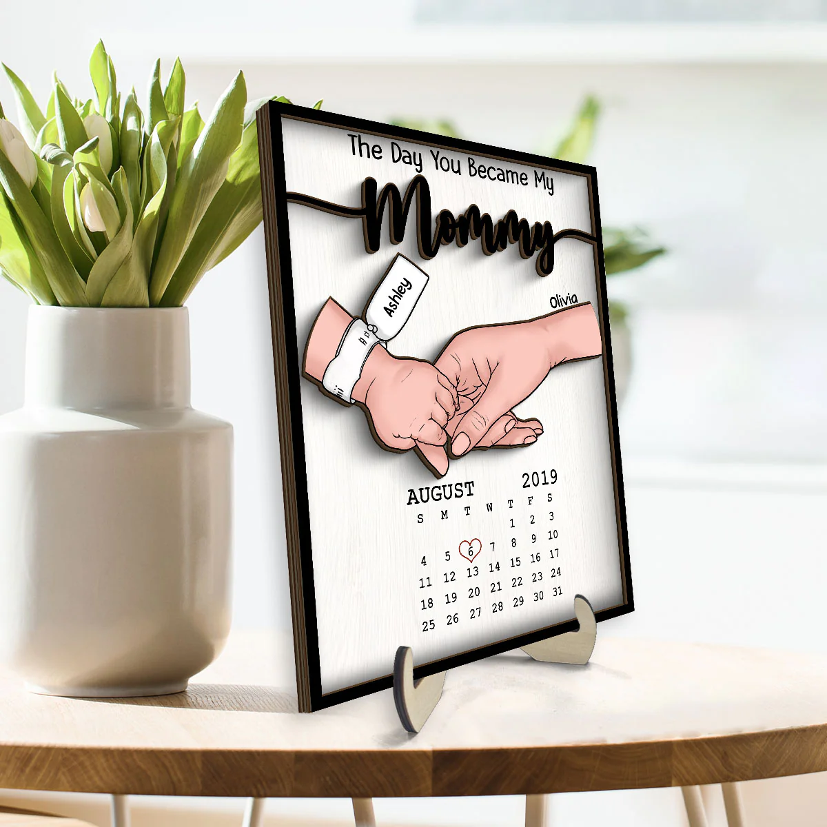 The Day You Became My Mommy Baby Birthday Calendar Personalized 2-Layer Wooden Plaque - Image 3