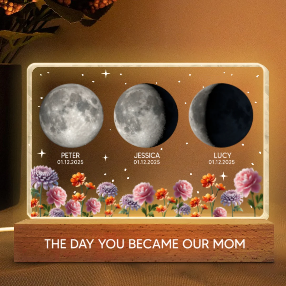 The Day You Became Our Mom Custom Moon Phase by Date - Personalized Acrylic Block LED Night Light, Custom Birth Flowers, Mother's Day Gift for Mom - Image 10