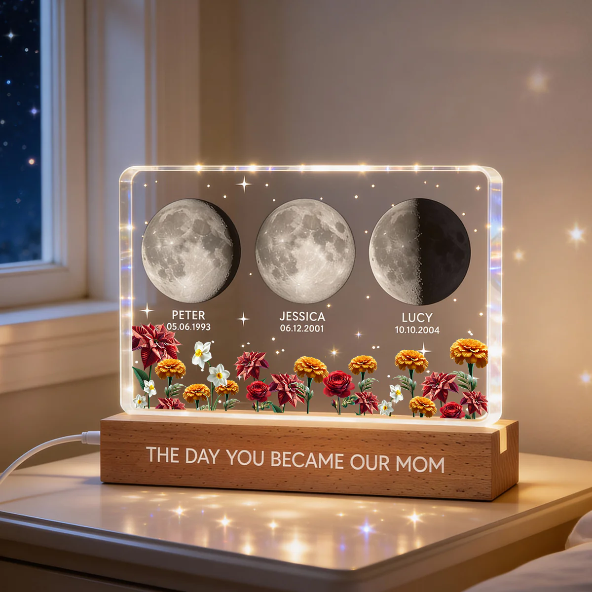 The Day You Became Our Mom Custom Moon Phase by Date - Personalized Acrylic Block LED Night Light, Custom Birth Flowers, Mother's Day Gift for Mom - Image 2