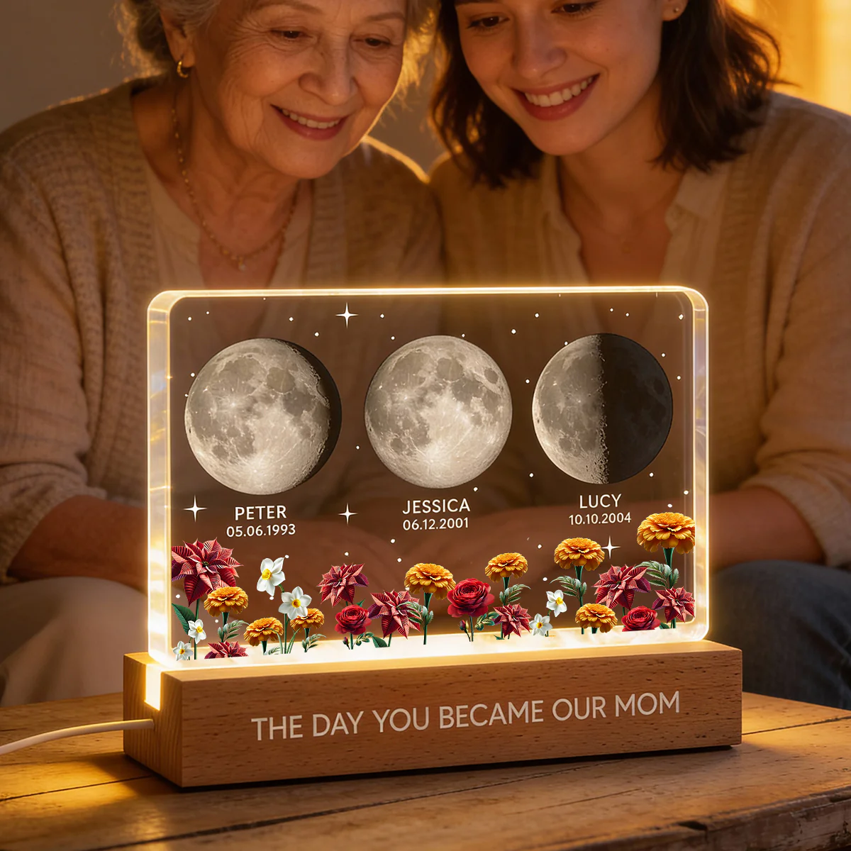 The Day You Became Our Mom Custom Moon Phase by Date - Personalized Acrylic Block LED Night Light, Custom Birth Flowers, Mother's Day Gift for Mom - Image 3