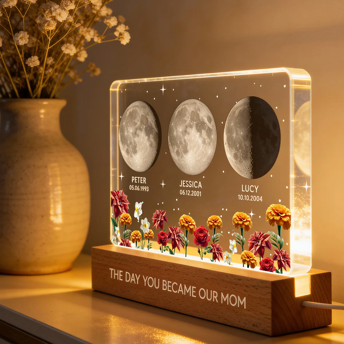 The Day You Became Our Mom Custom Moon Phase by Date - Personalized Acrylic Block LED Night Light, Custom Birth Flowers, Mother's Day Gift for Mom - Image 4