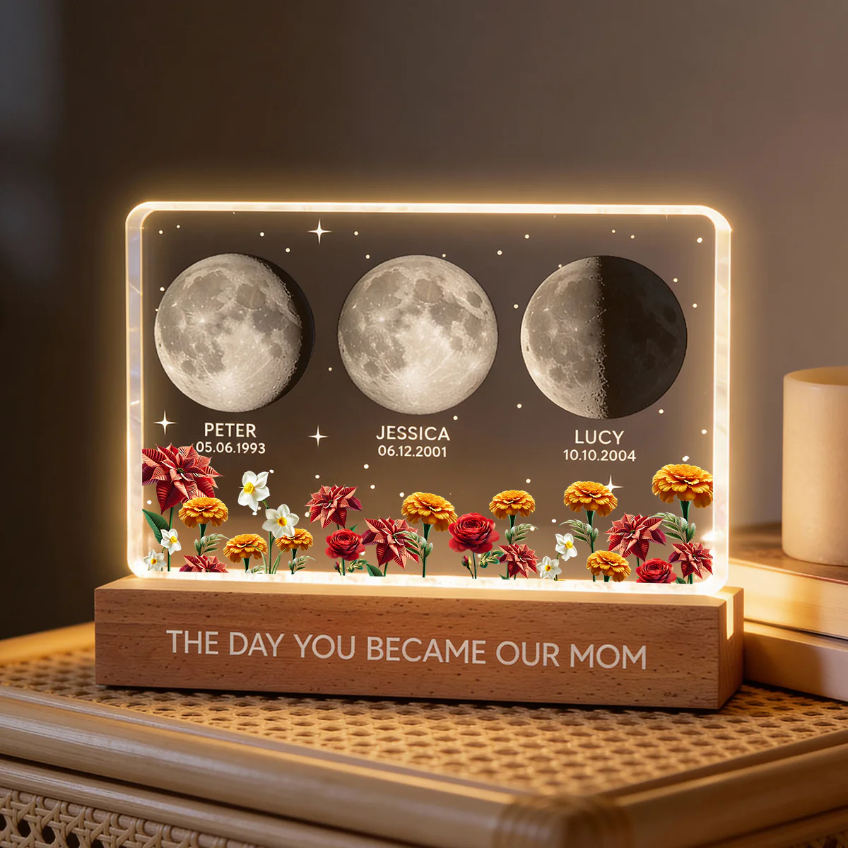The Day You Became Our Mom Custom Moon Phase by Date - Personalized Acrylic Block LED Night Light, Custom Birth Flowers, Mother's Day Gift for Mom - Image 5