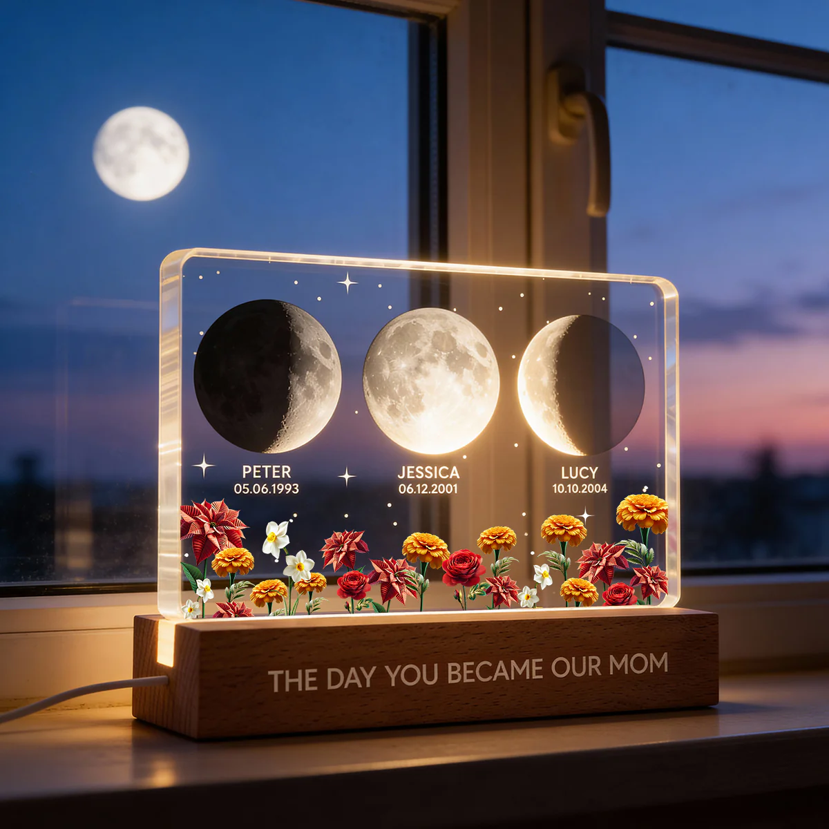 The Day You Became Our Mom Custom Moon Phase by Date - Personalized Acrylic Block LED Night Light, Custom Birth Flowers, Mother's Day Gift for Mom - Image 6