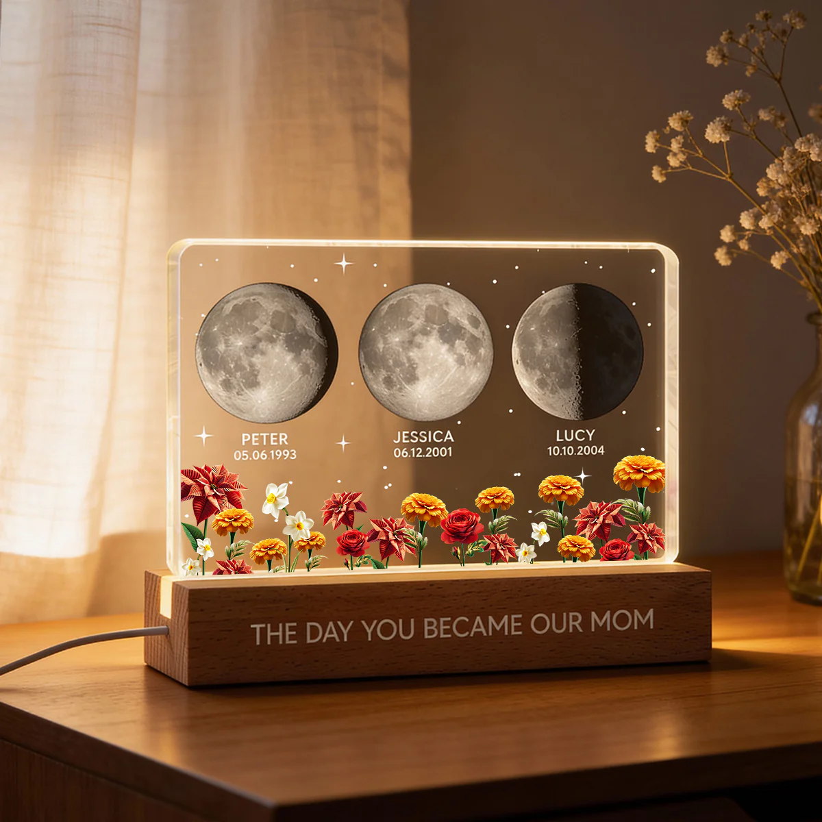 The Day You Became Our Mom Custom Moon Phase by Date - Personalized Acrylic Block LED Night Light, Custom Birth Flowers, Mother's Day Gift for Mom - Image 7