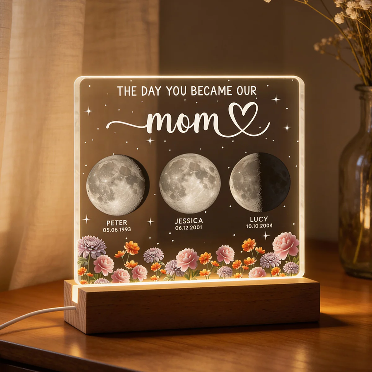 The Day You Became Our Mom, Custom Moon Phase by Date - Personalized Acrylic Block LED Night Light, Custom Birth Flowers, Mother's Day Gift for Mom - Image 8