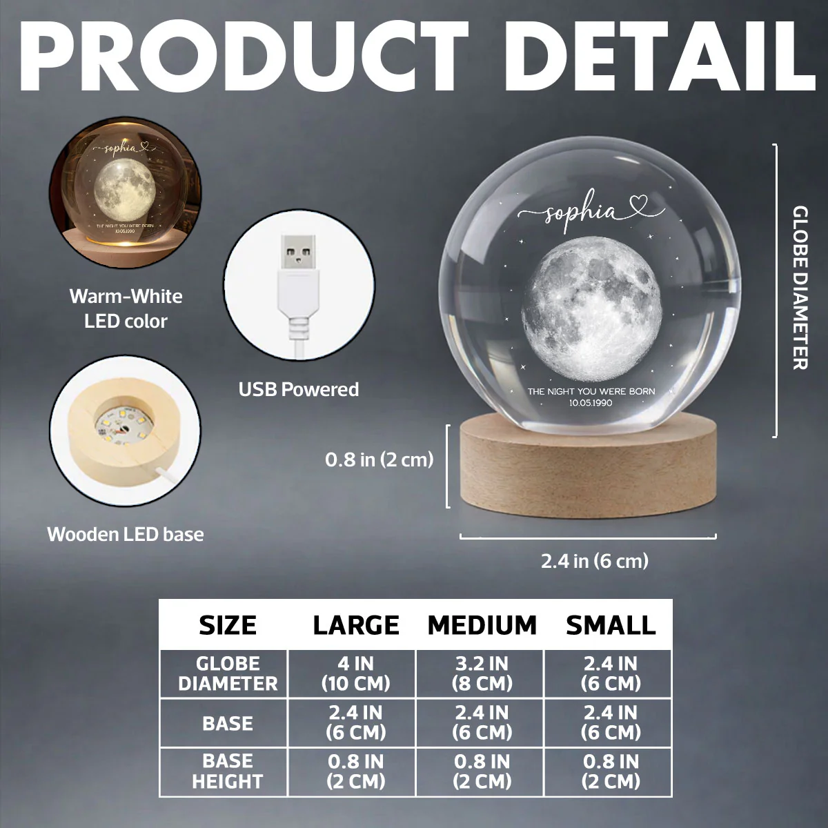 The Day You Were Born Custom Moon Phase by Date - Personalized Crystal Ball LED Night Light - Heartfelt Birthday, Just Because Gift for Loved Ones - Image 8