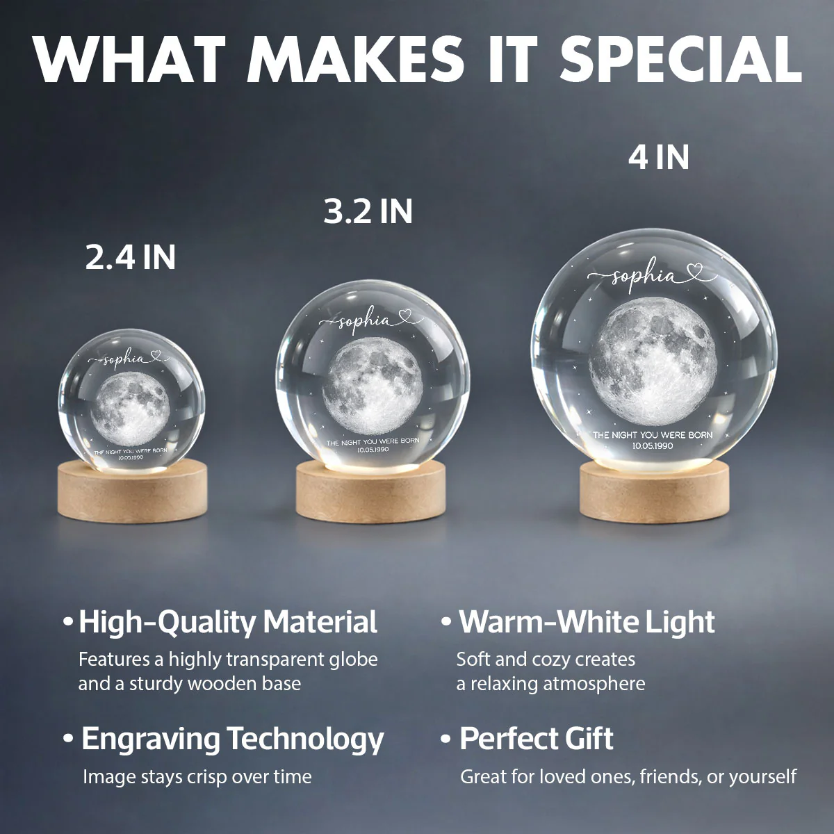 The Day You Were Born Custom Moon Phase by Date - Personalized Crystal Ball LED Night Light - Heartfelt Birthday, Just Because Gift for Loved Ones - Image 9