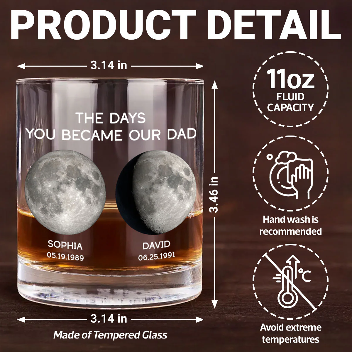 The Days You Became Our Dad Custom Birthday Moon Phase Personalized Whiskey Glass - Image 10