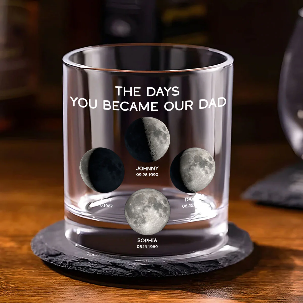 The Days You Became Our Dad Custom Birthday Moon Phase Personalized Whiskey Glass - Image 9