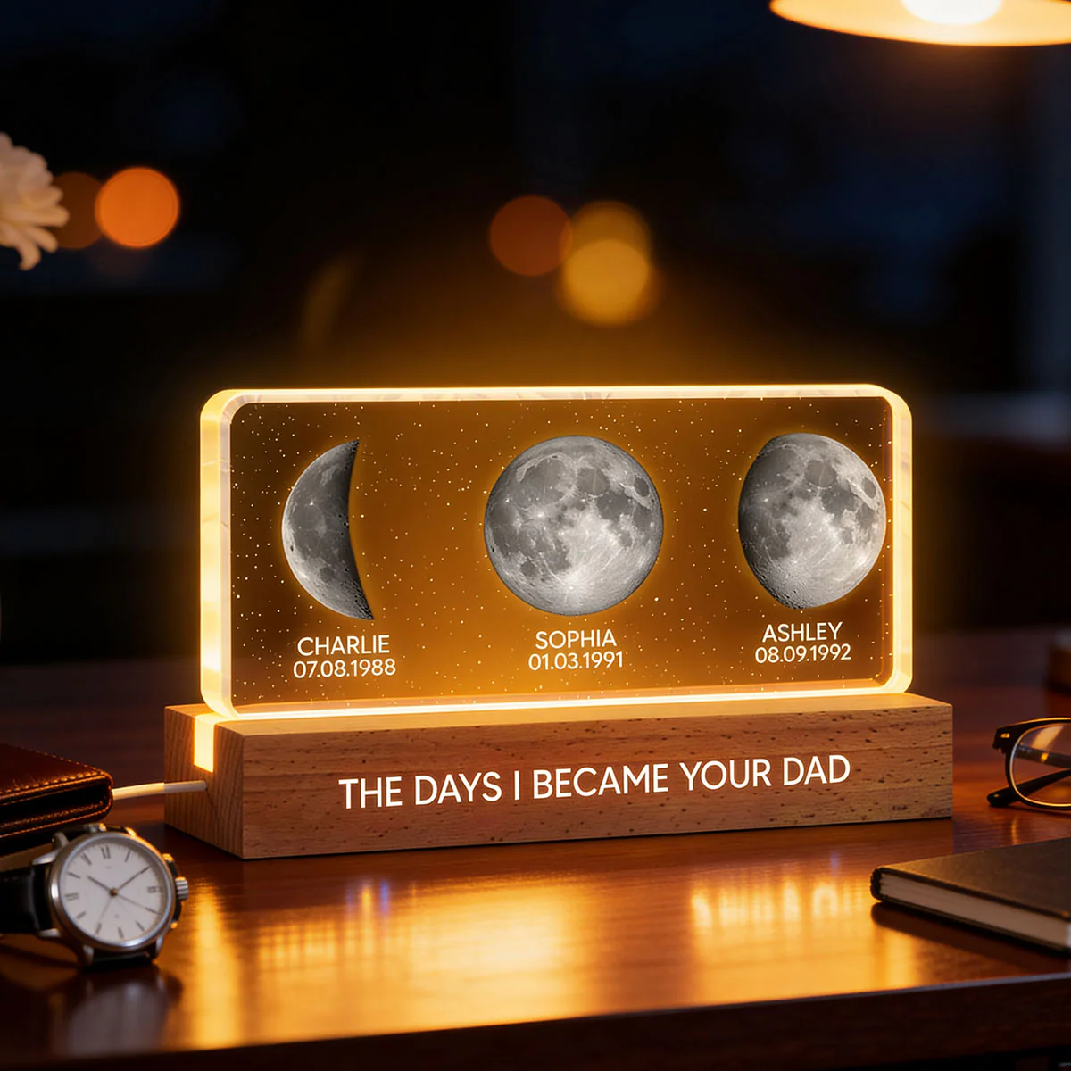 The Days You Became Our Dad Custom Children Birthdate Moon Phase - Personalized Acrylic Block LED Night Light - Heartfelt Father's Day For Dad - Image 2