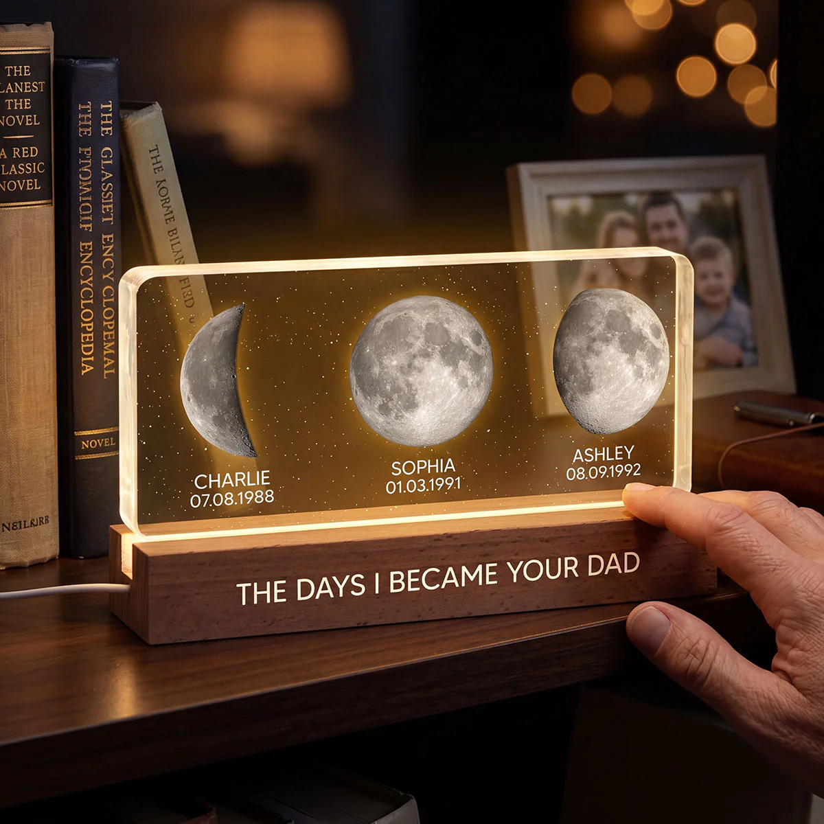 The Days You Became Our Dad Custom Children Birthdate Moon Phase - Personalized Acrylic Block LED Night Light - Heartfelt Father's Day For Dad - Image 5