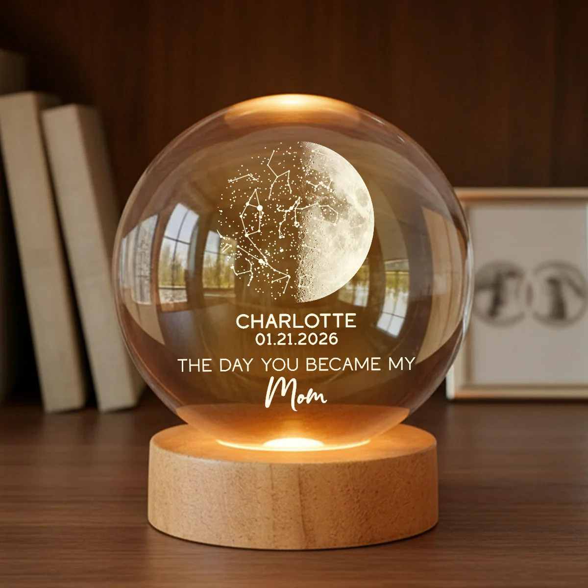 The Days You Became Our Mom Custom Moon Phase And Star Map - Personalized Crystal Ball LED Night Light - Mother's Day Gift For Mom