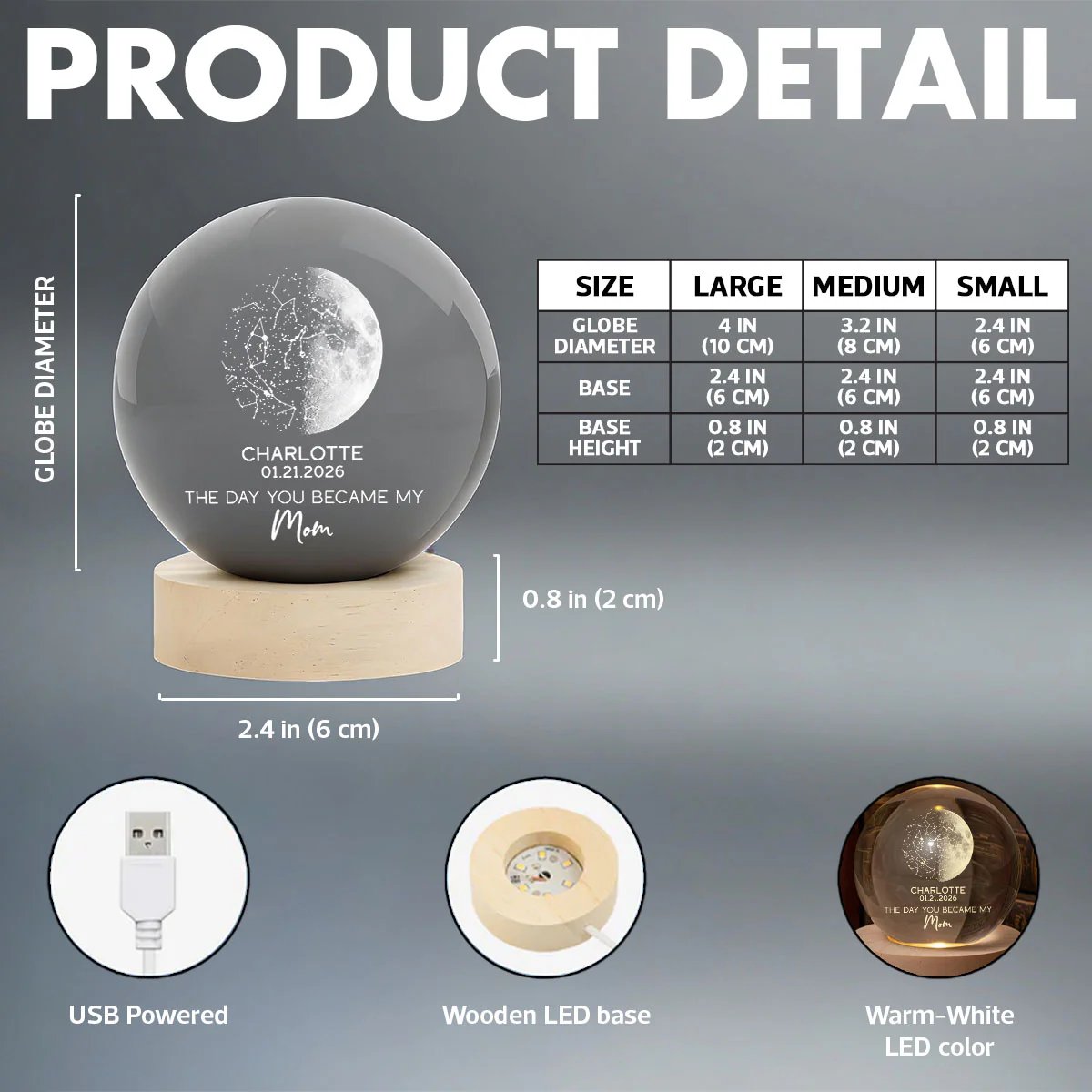 The Days You Became Our Mom Custom Moon Phase And Star Map - Personalized Crystal Ball LED Night Light - Mother's Day Gift For Mom - Image 10