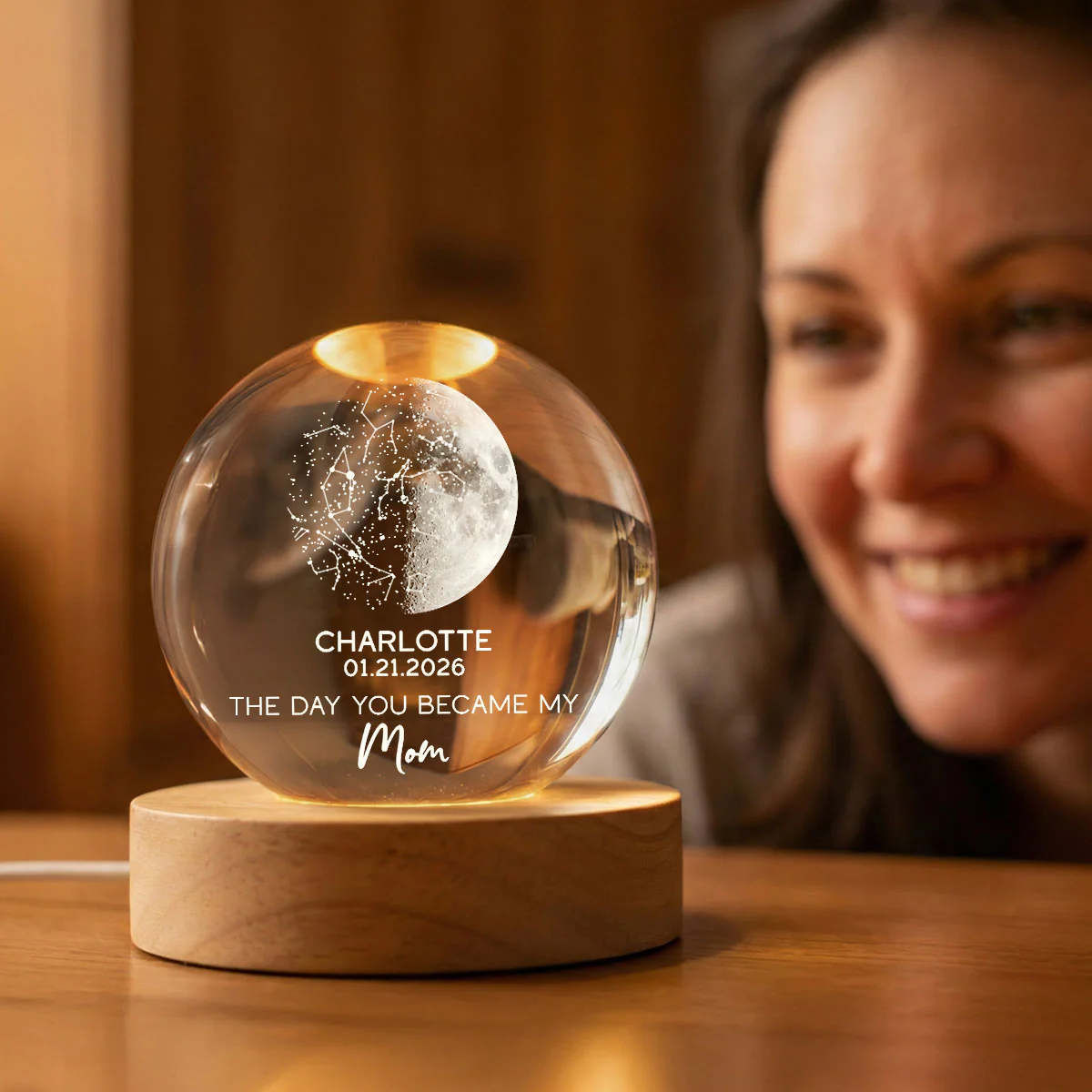 The Days You Became Our Mom Custom Moon Phase And Star Map - Personalized Crystal Ball LED Night Light - Mother's Day Gift For Mom - Image 4