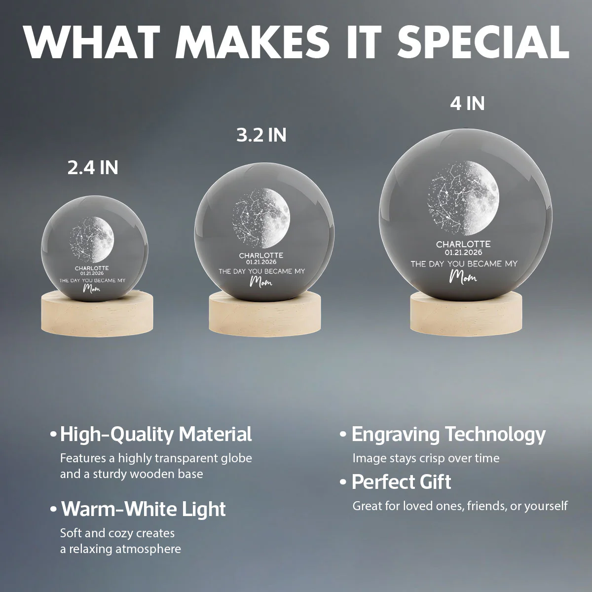 The Days You Became Our Mom Custom Moon Phase And Star Map - Personalized Crystal Ball LED Night Light - Mother's Day Gift For Mom - Image 9