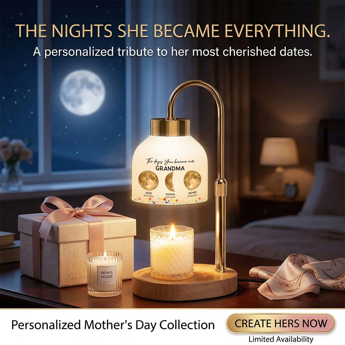 The Days You Became Our Mom Grandma Custom Golden Moon Phase By Date - Personalized Candle Warmer Lamp - Image 11