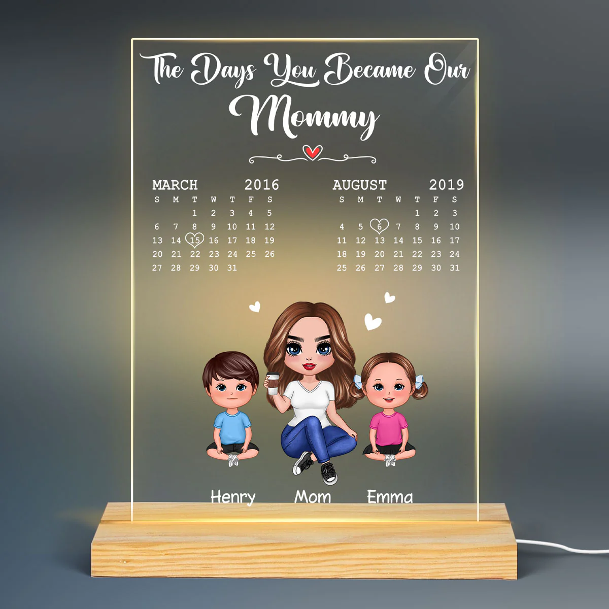 The Days You Became Our Mommy Doll Mom & Children Calendar Date Personalized Rectangle Acrylic Plaque With LED Night Light - Image 2