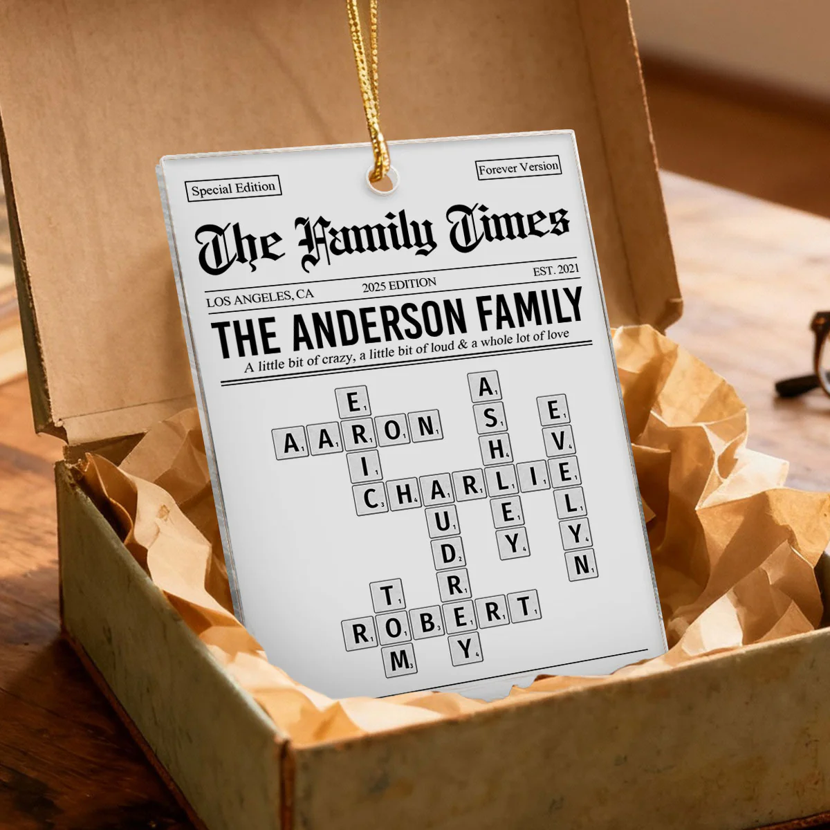 The Family Times Crossword Puzzle Newspaper Style - Personalized Acrylic Ornament - Christmas Keepsake Gift For Family - Image 2