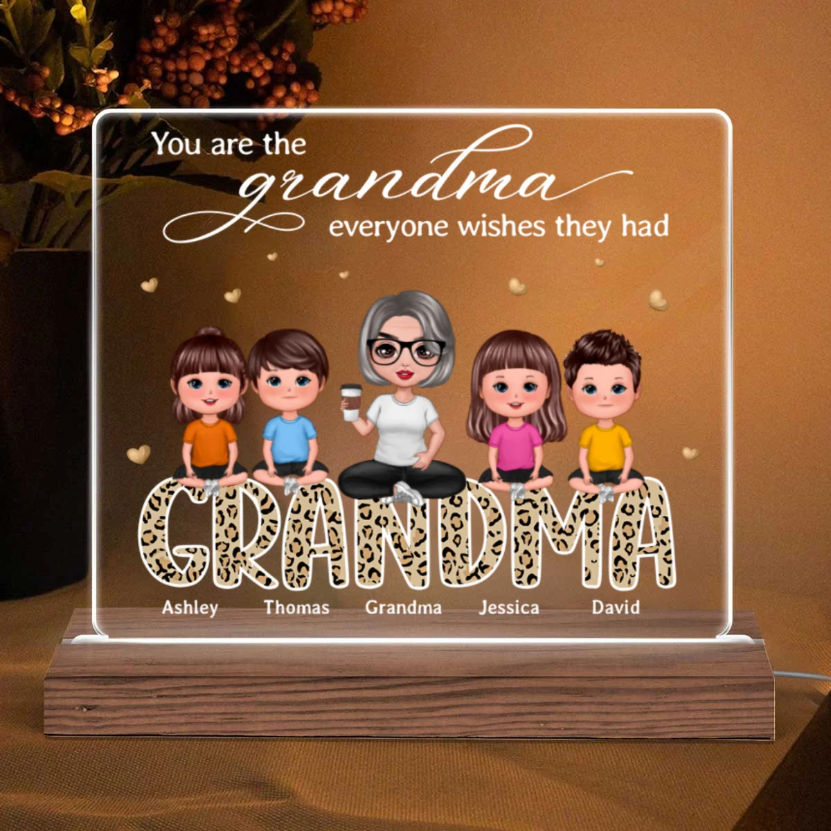 The Grandma Everyone Wishes They Had Doll Grandma Grandkids Sitting On Leopard Pattern Word Personalized Custom Shape Acrylic Plaque LED Night Light - Image 5