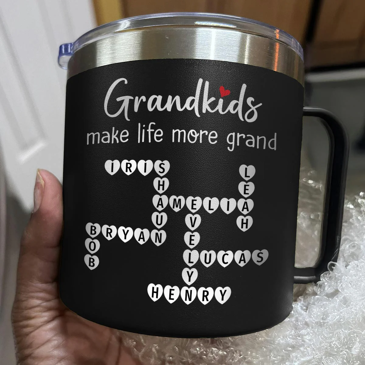 The Greatest Gift You Ever Know Crossword Puzzle Art Gift For Grandma Personalized Stainless Steel Tumbler With Handle - Image 4