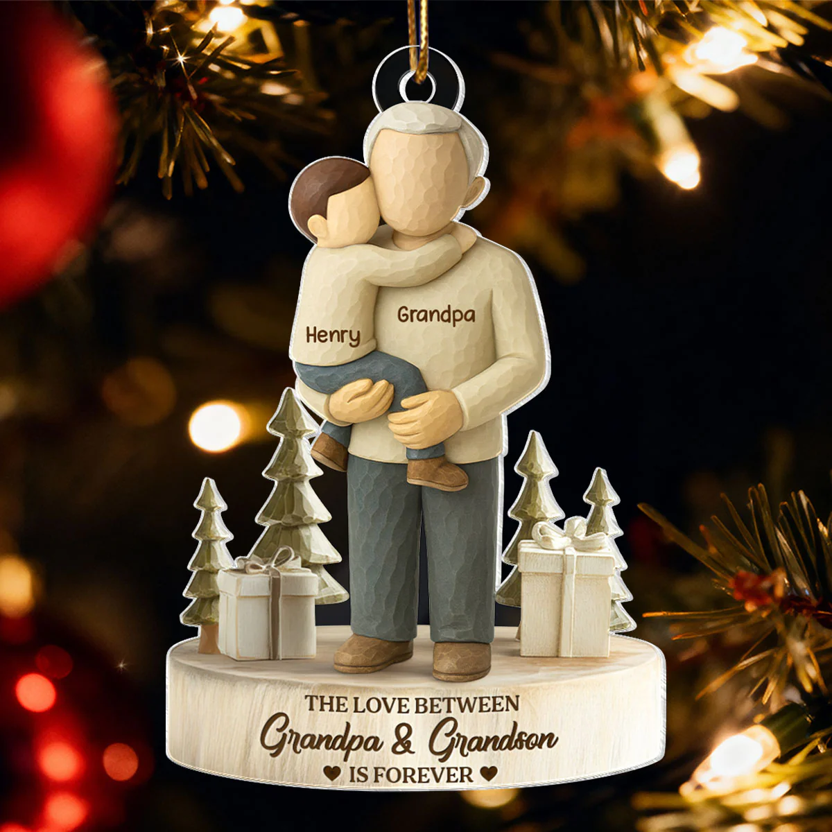The Love Between Grandpa and Grandson, Granddaughter is Forever - Personalized Acrylic Ornament - Heartwarming Christmas Gift for Grandpa - Image 3