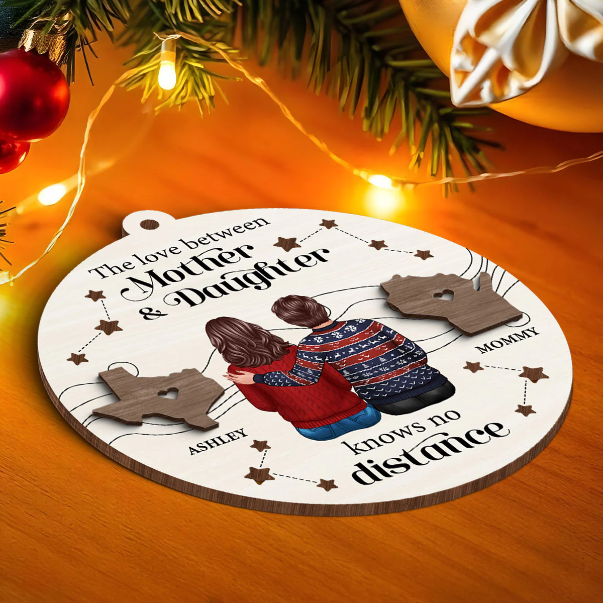 The Love Between Mother Daughter Knows No Distance, Long Distance State Personalized 2-Layer Wooden Ornament, Togetherness Christmas Gift - Image 5