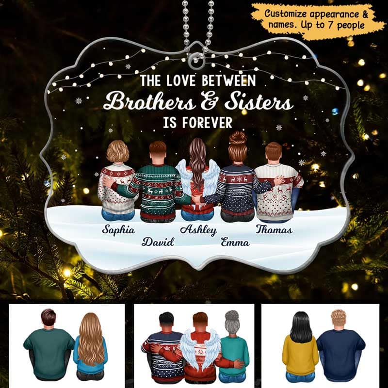 The Love Between Sisters Brothers Family Word Snow Personalized Acrylic Ornament - Image 3