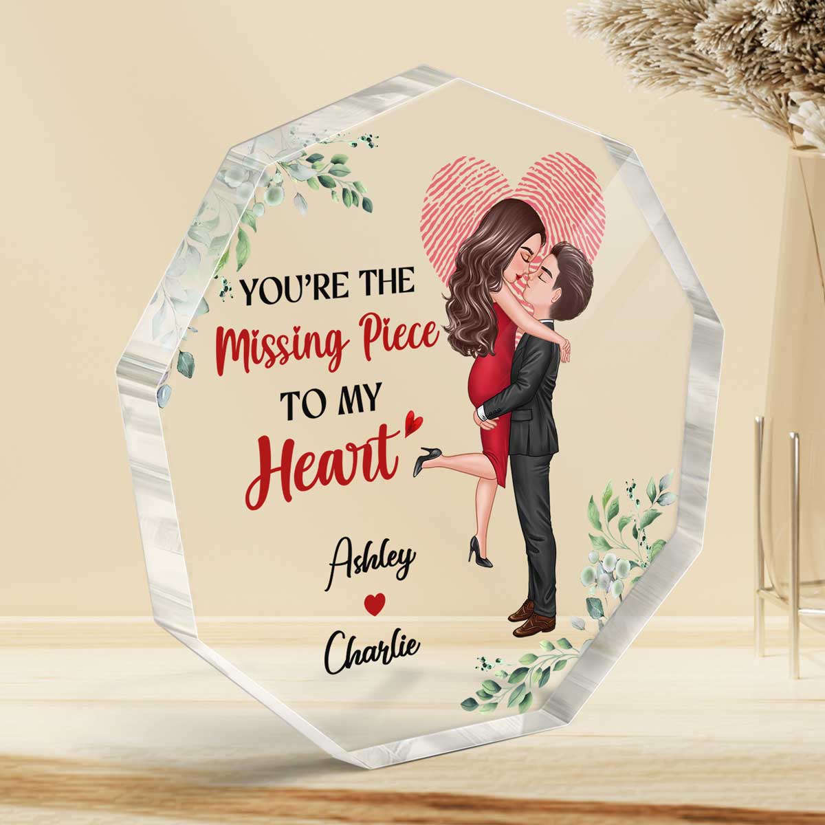 The Missing Piece Couple Heart Fingerprint Personalized Acrylic Nonagon Plaque - Image 3