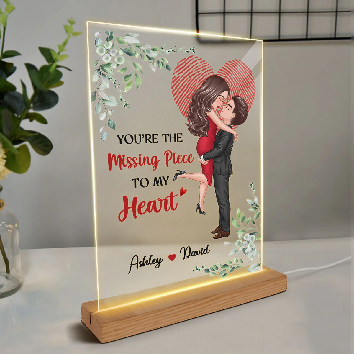 The Missing Piece Couple Heart Fingerprint Personalized Rectangle Acrylic LED Lamp Night Light - Image 3