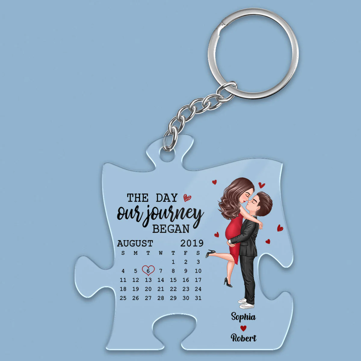The Missing Piece Couple Kissing Anniversary Date Calendar Personalized Puzzle Shaped Acrylic Keychain - Gift For Him, Gift For Her - Image 2