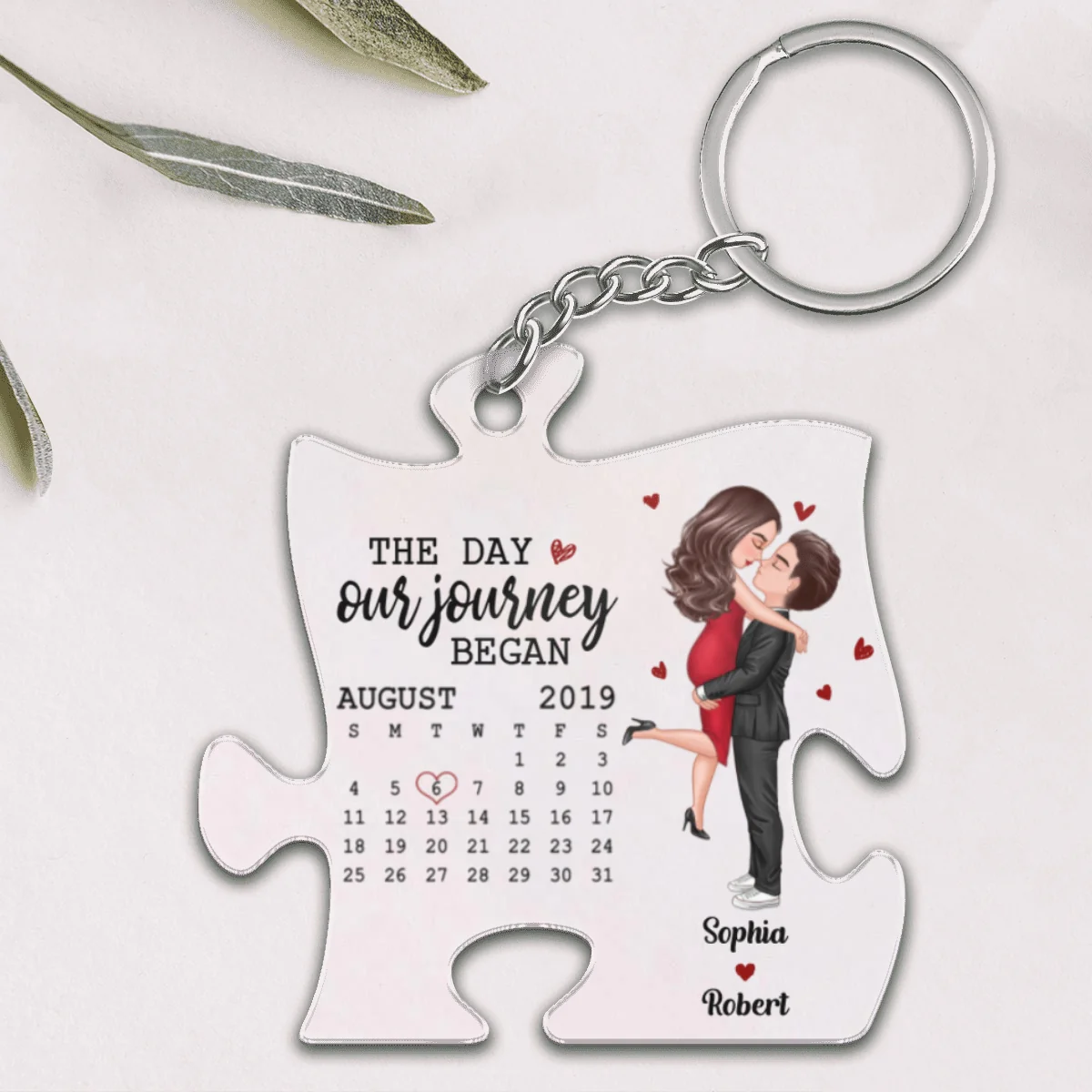 The Missing Piece Couple Kissing Anniversary Date Calendar Personalized Puzzle Shaped Acrylic Keychain - Gift For Him, Gift For Her - Image 3