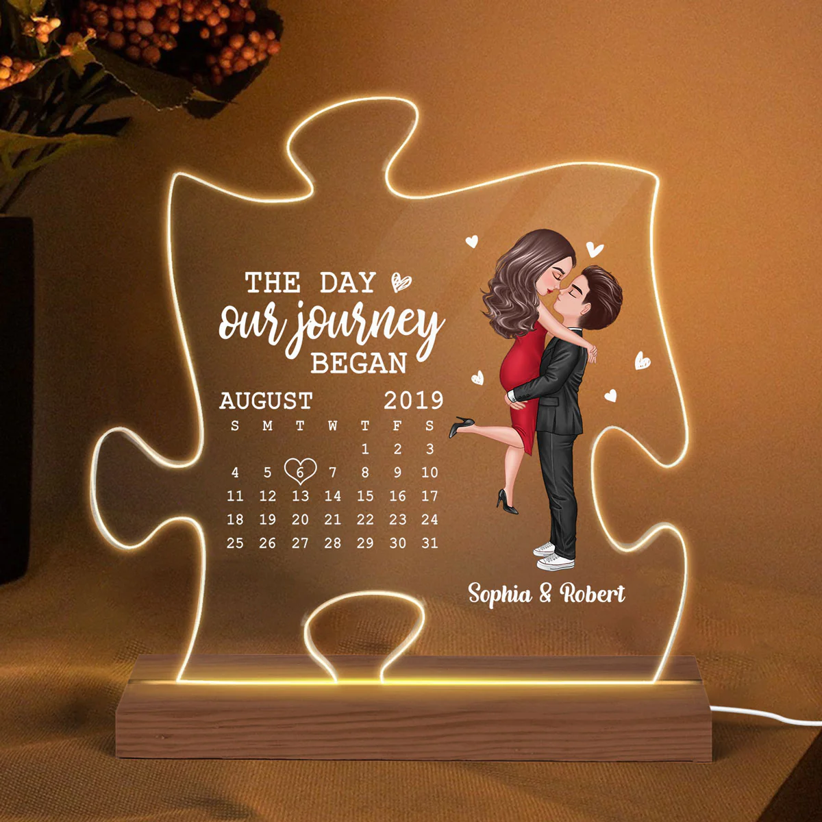 The Missing Piece Couple Kissing Anniversary Date Calendar Personalized Puzzle Shaped Acrylic Plaque With LED Night Light - Anniversary Gift For Couple - Gift For Him, Gift For Her - Image 2