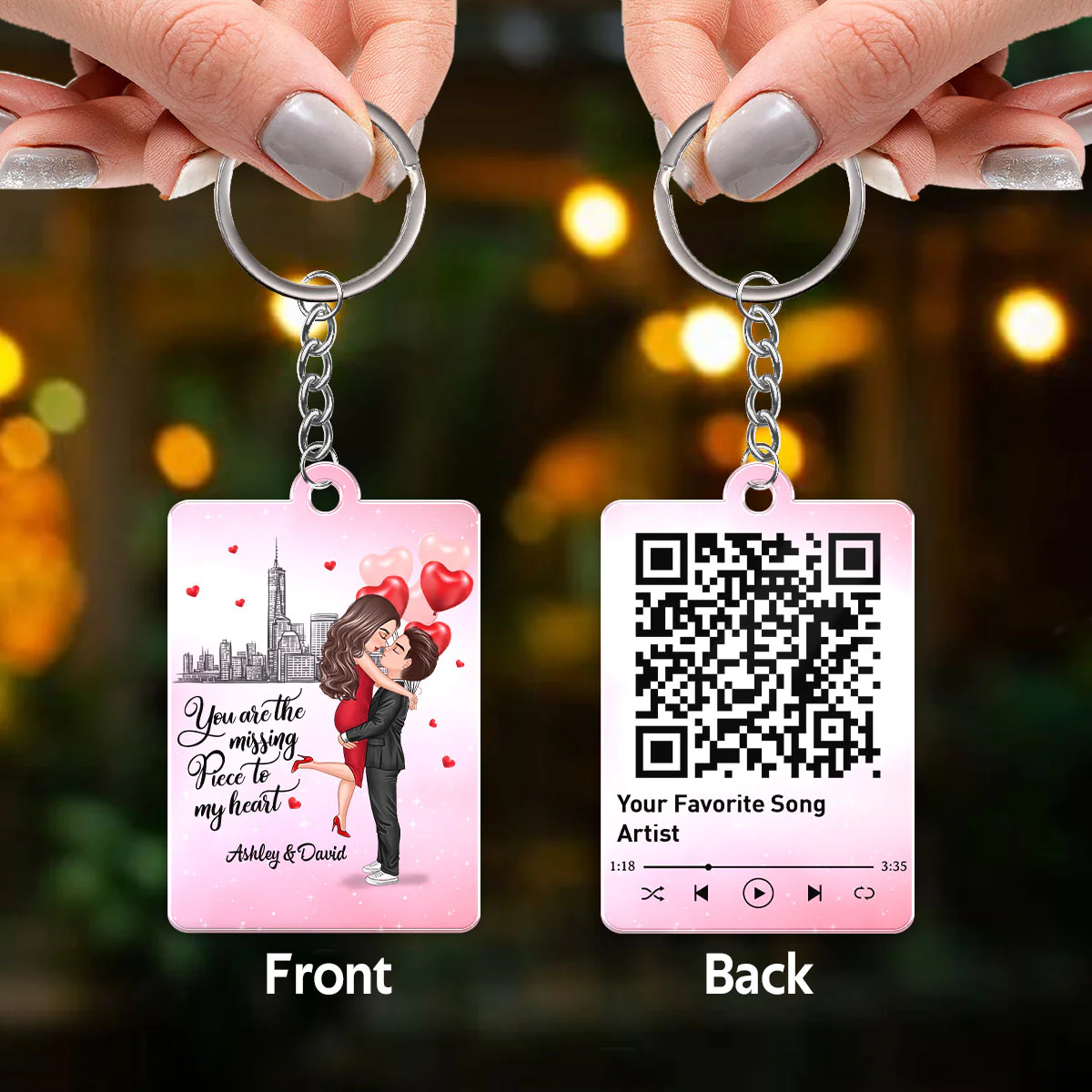 The Missing Piece Doll Couple Hugging Kissing Favorite Song Scannable QR Code Personalized Acrylic Keychain - Image 3