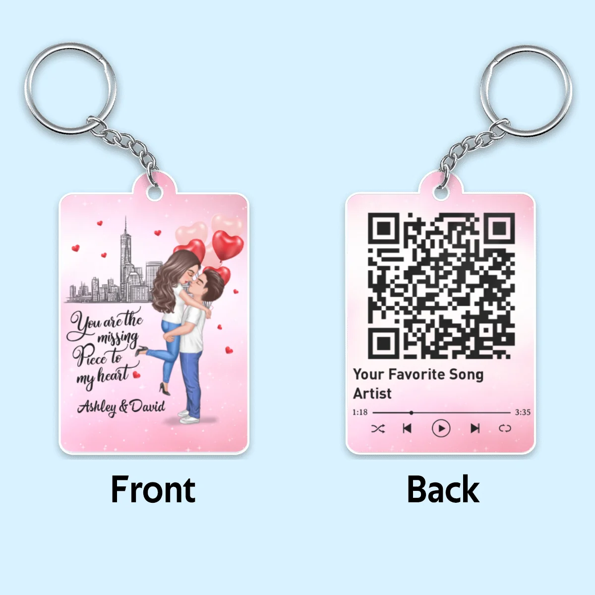 The Missing Piece Doll Couple Hugging Kissing Favorite Song Scannable QR Code Personalized Acrylic Keychain - Image 4