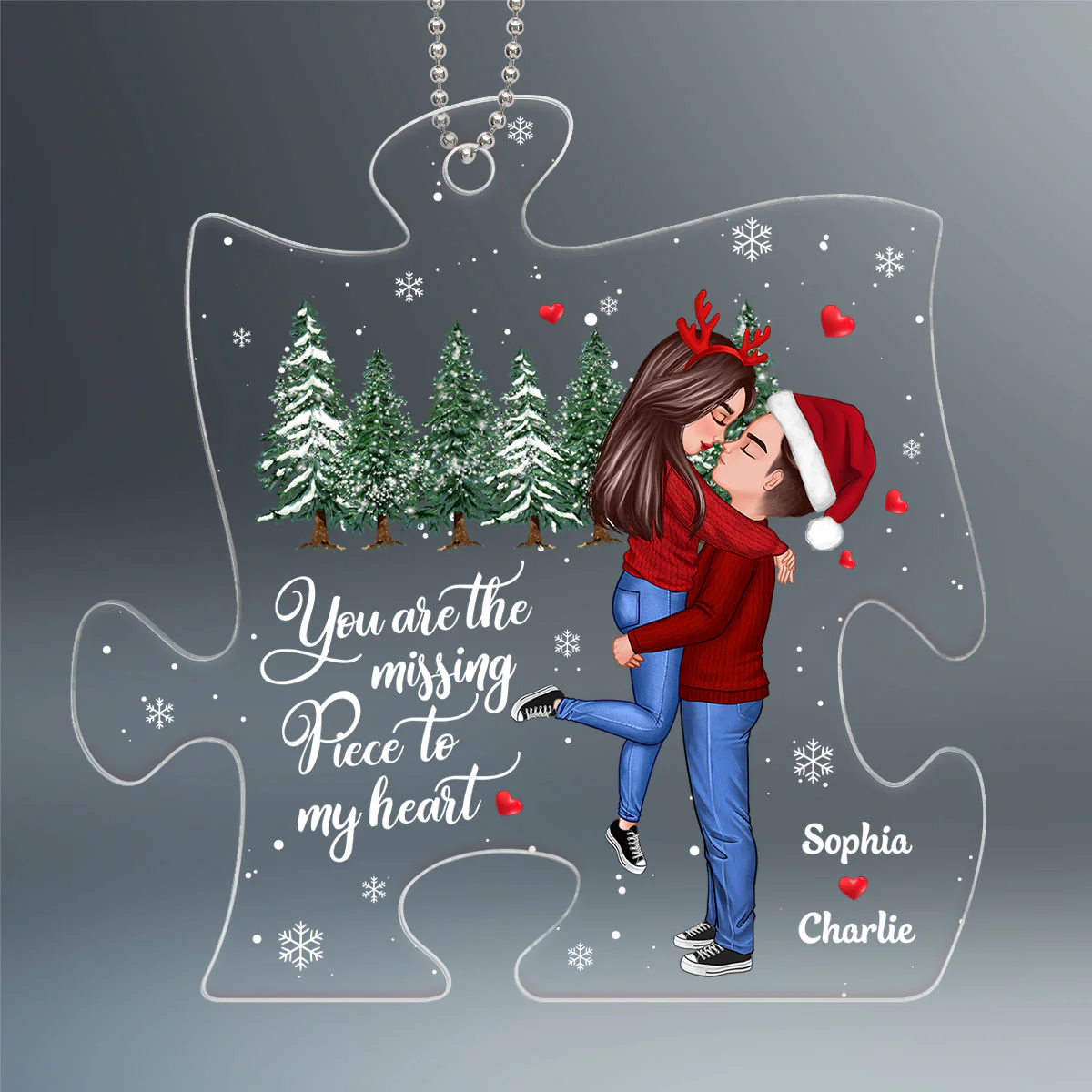 The Missing Piece To My Heart Christmas Winter Doll Couple Hugging Kissing Personalized Acrylic Ornament - Image 2
