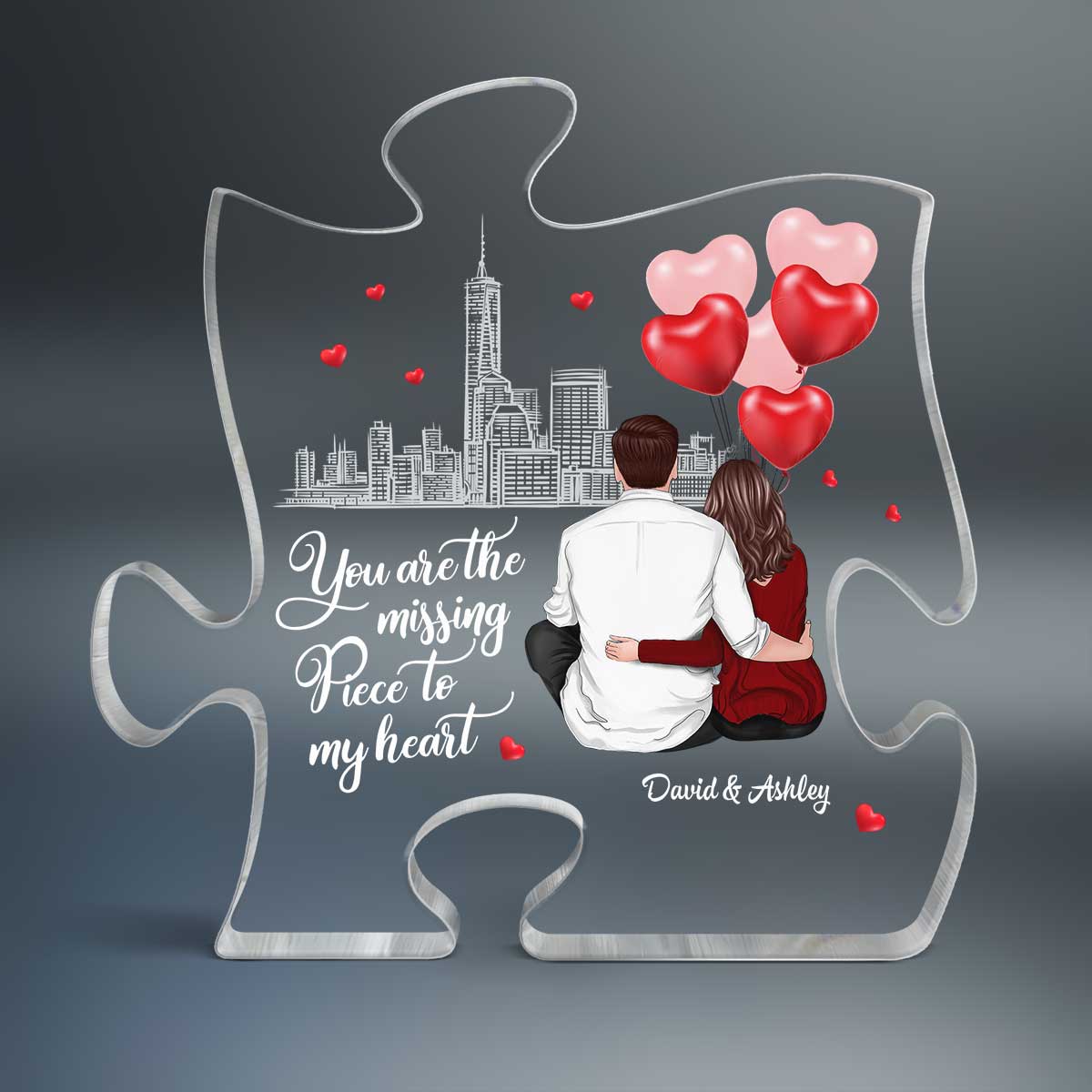 The Missing Piece To My Heart Couple Back View Hugging Personalized Puzzle Acrylic Plaque - Image 2