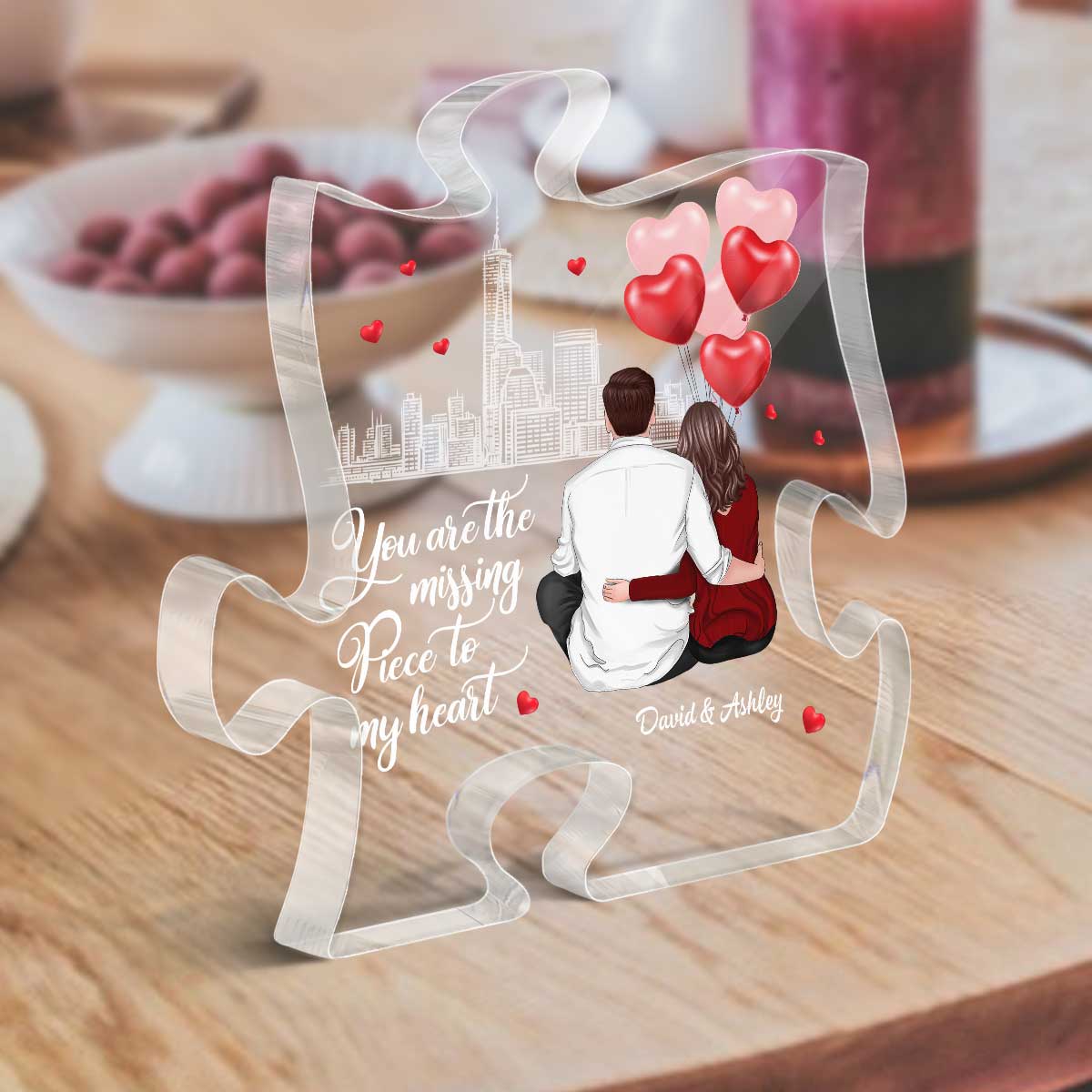 The Missing Piece To My Heart Couple Back View Hugging Personalized Puzzle Acrylic Plaque - Image 3
