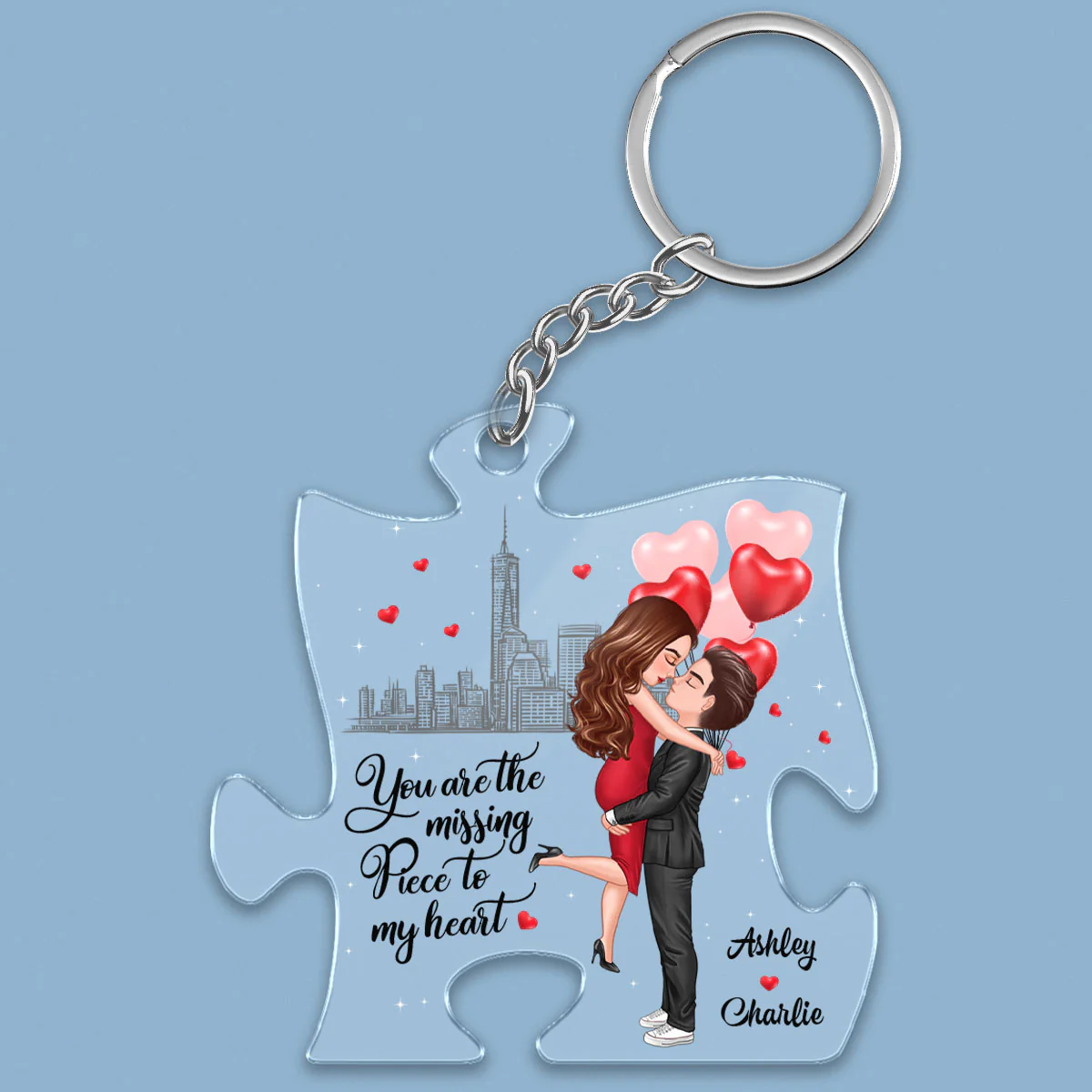The Missing Piece To My Heart Couple Hugging Kissing Personalized Puzzle Acrylic Keychain - Image 2