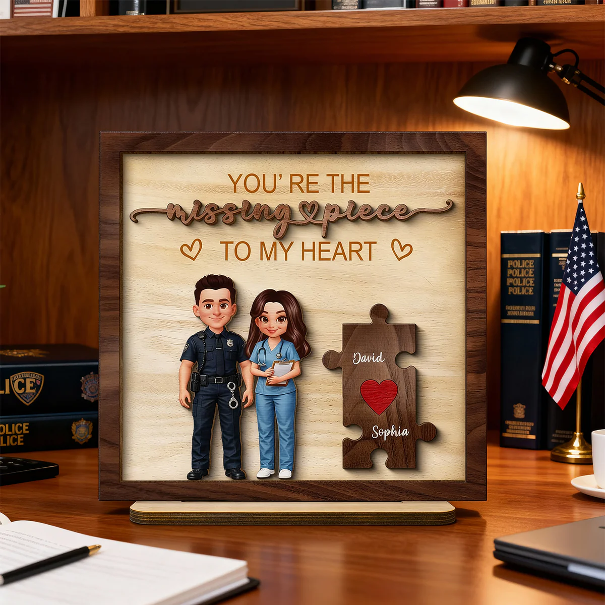 The Missing Piece to My Heart Couple Occupation Nation Flag - Personalized 2-Layered Wooden Plaque - Heartfelt Gift for Him, for Her - Image 3