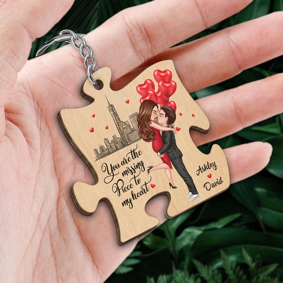 The Missing Piece To My Heart Doll Couple Hugging Kissing Gift For Him For Her Personalized Wooden Keychain - Image 2