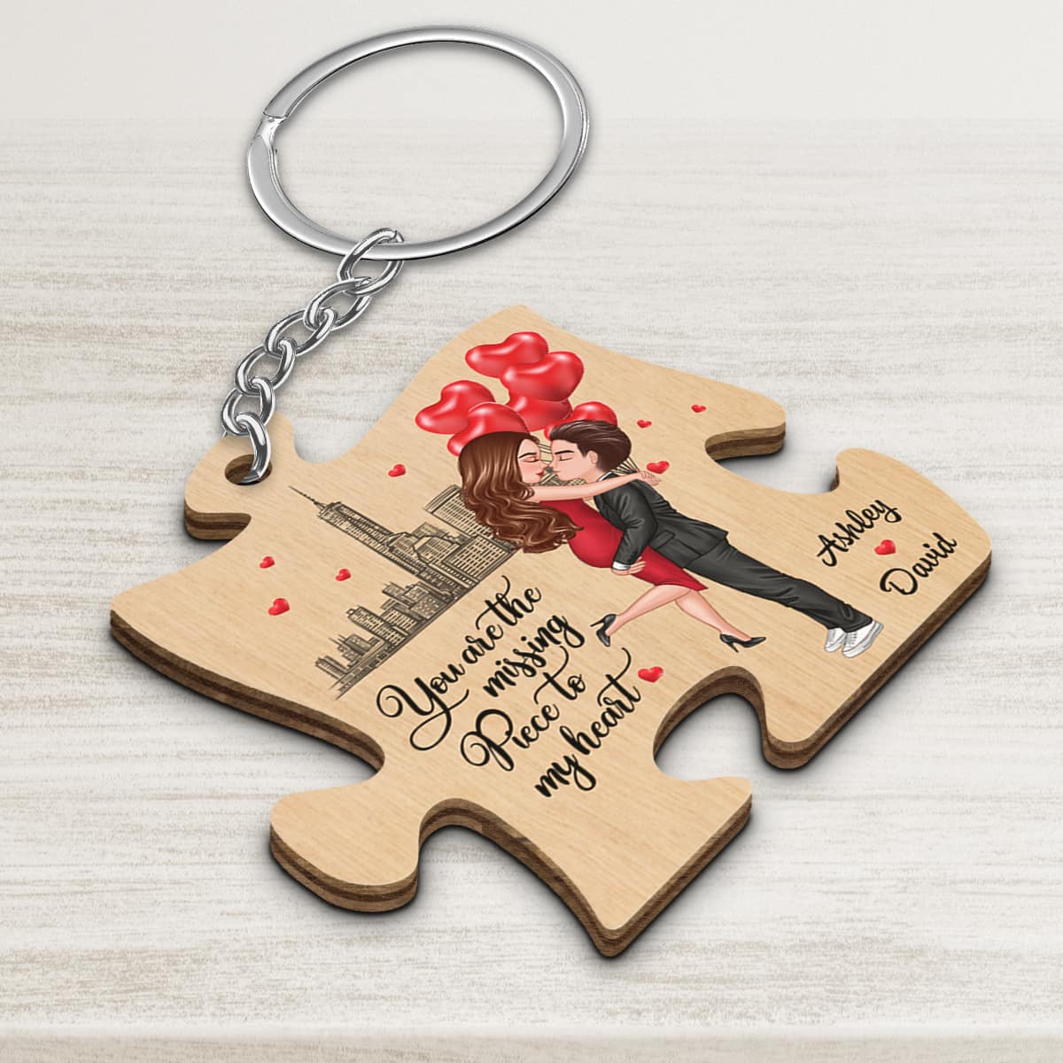 The Missing Piece To My Heart Doll Couple Hugging Kissing Gift For Him For Her Personalized Wooden Keychain - Image 3