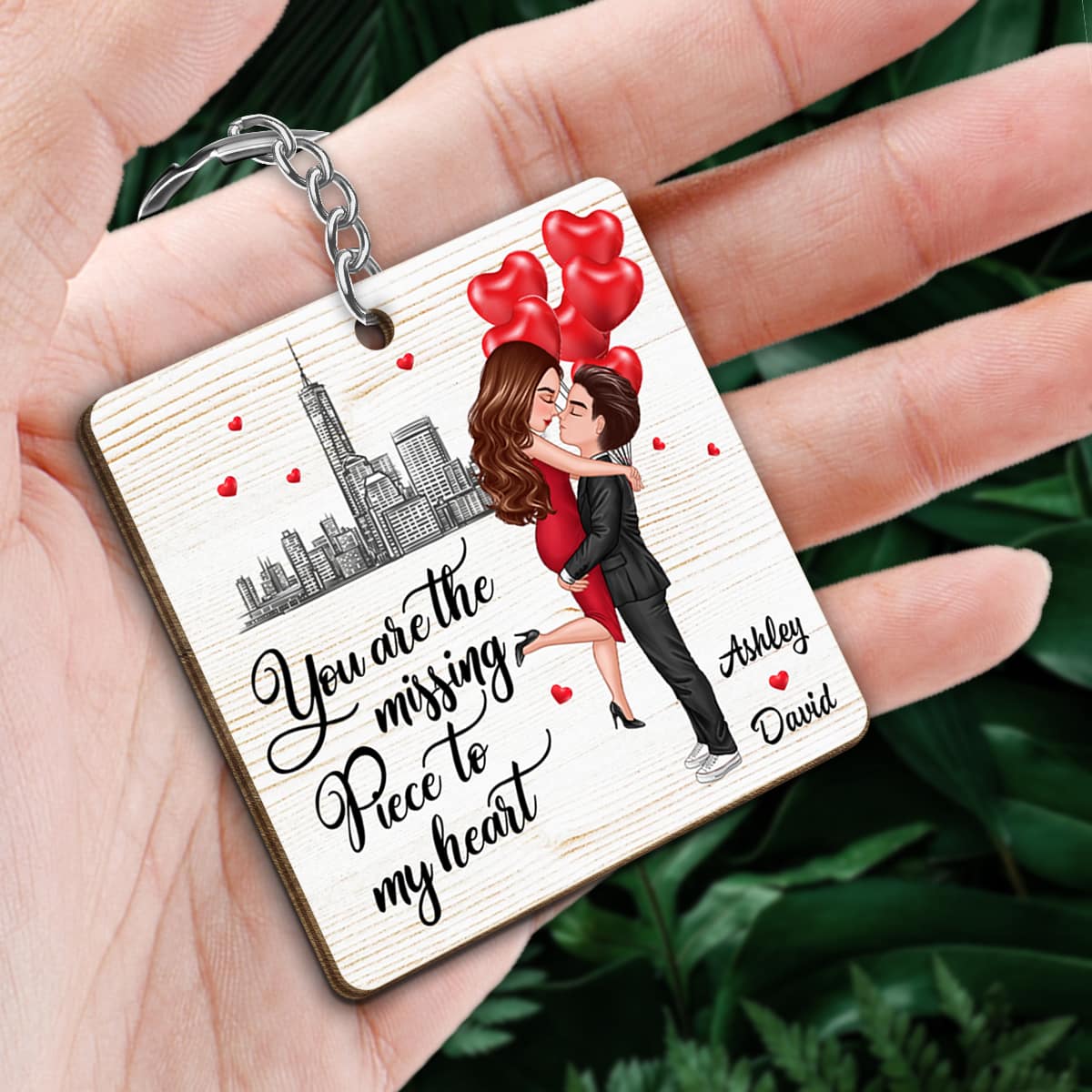 The Missing Piece To My Heart Doll Couple Hugging Kissing Gift For Him For Her Personalized Wooden Keychain - Image 2