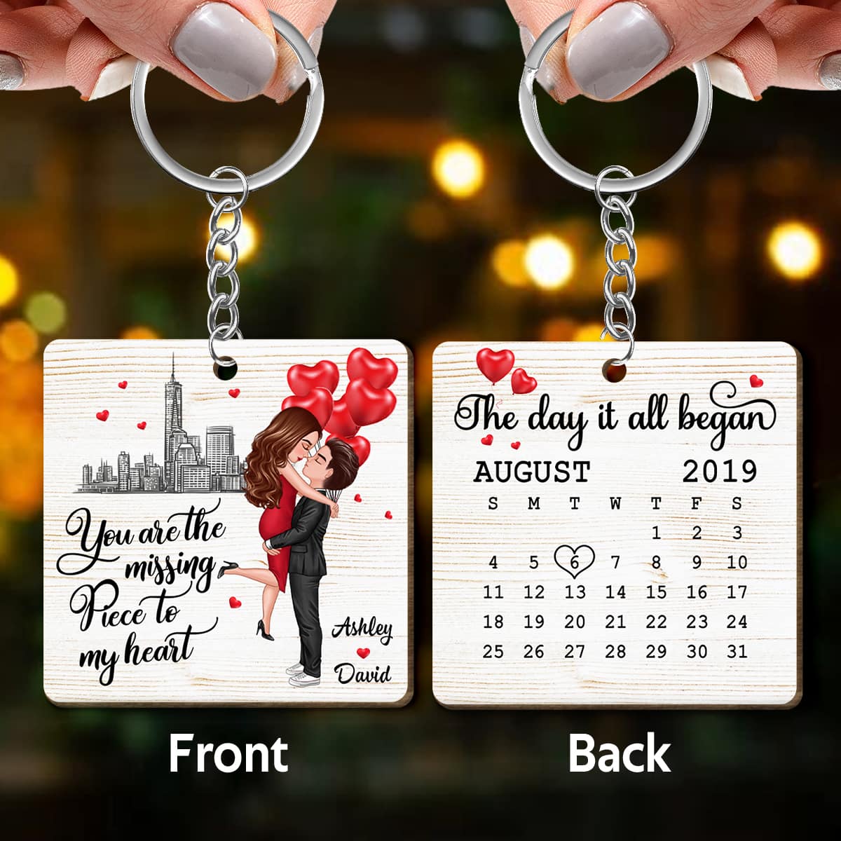 The Missing Piece To My Heart Doll Couple Hugging Kissing Gift For Him For Her Personalized Wooden Keychain - Image 3