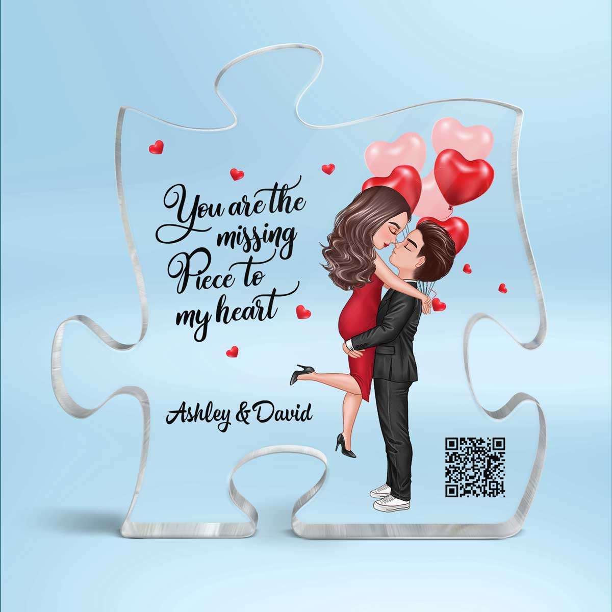 The Missing Piece To My Heart Doll Couple Hugging Kissing Scannable QR Code Favorite Song Personalized Puzzle Acrylic Plaque - Image 2