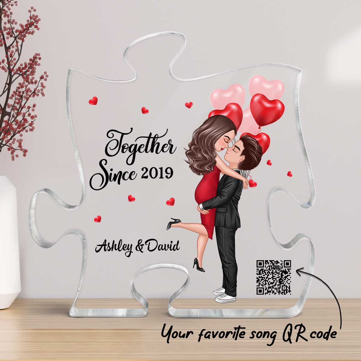 The Missing Piece To My Heart Doll Couple Hugging Kissing Scannable QR Code Favorite Song Personalized Puzzle Acrylic Plaque - Image 3