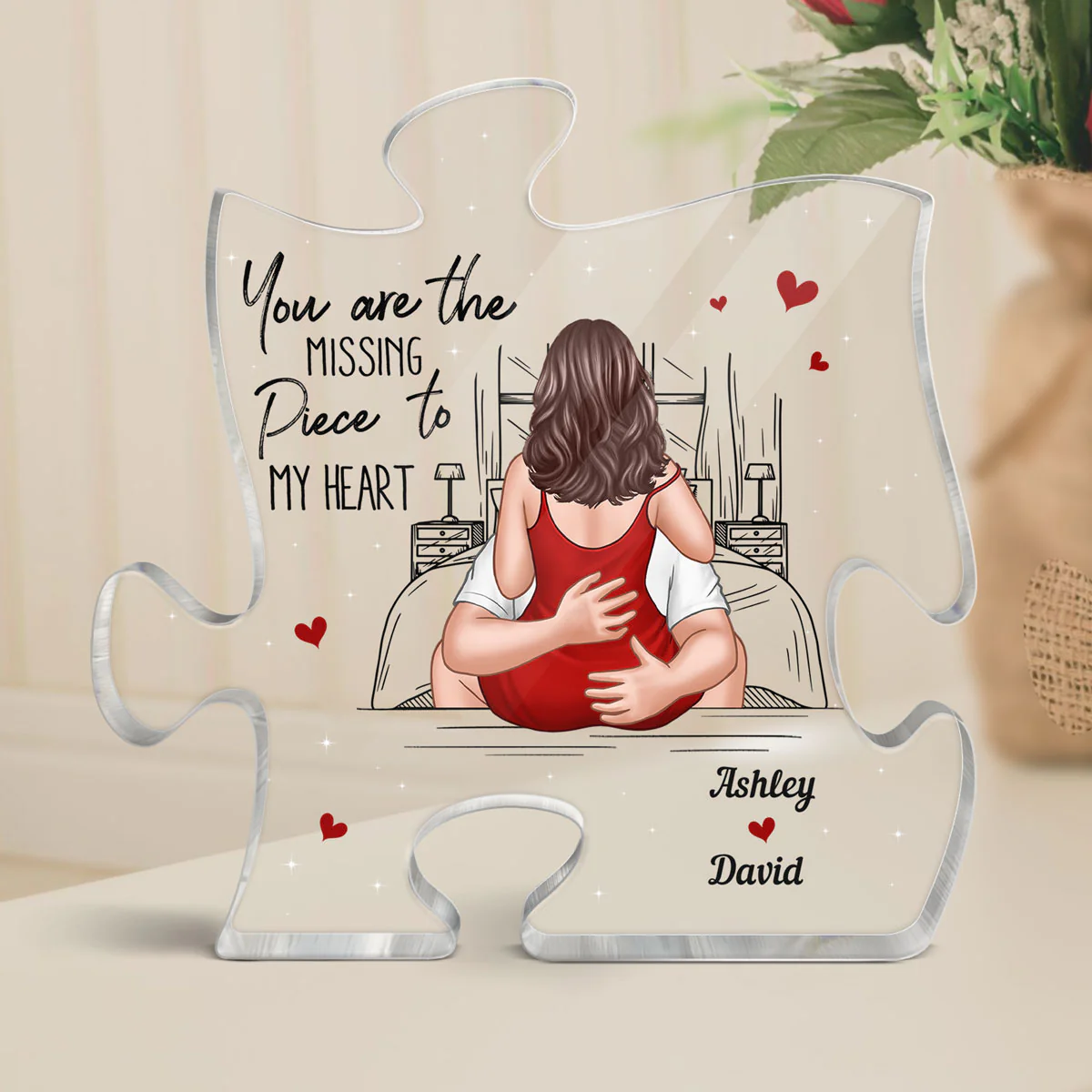 The Missing Piece To My Heart Kissing Couple On Bed Personalized Puzzle Plaque - Image 2