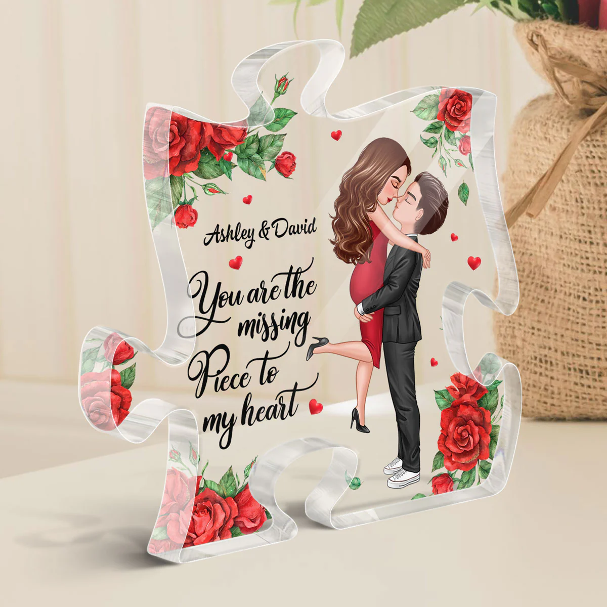 The Missing Piece To My Heart Kissing Couple Rose Pattern Personalized Puzzle Acrylic Plaque - Anniversary Gift For Couple - Gift For Him Gift For Her - Image 3