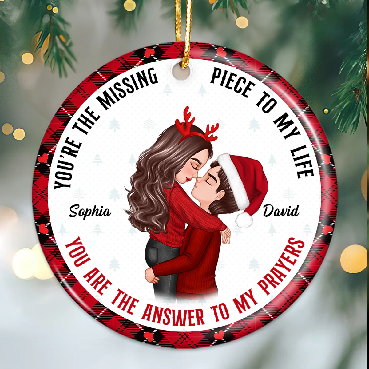The Missing Piece To My Life The Answer To My Prayer Hugging Kissing Couple Personalized Circle Ornament - Image 2
