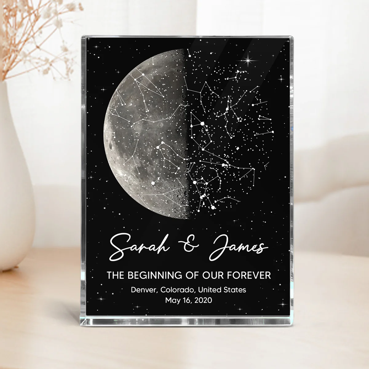 The Night It All Began Custom Moon Phase & Star Map - Personalized Acrylic Block Plaque - Gift For Couple - Image 3